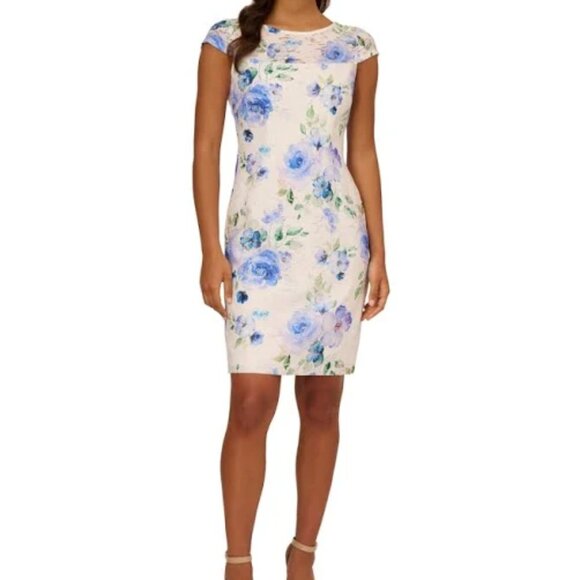 Adrianna Papell Printed Lace Back-Cutout Dress Ivory Blue - Picture 1 of 6